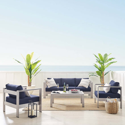 Shore 4 Piece Sunbrella® Fabric Outdoor Patio Aluminum Set in Silver Navy