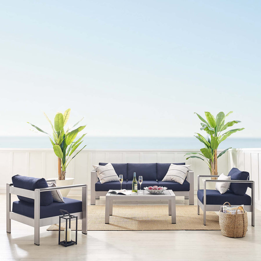 Marlow 4 Piece Sunbrella® Fabric Outdoor Patio Aluminum Set in Silver Navy