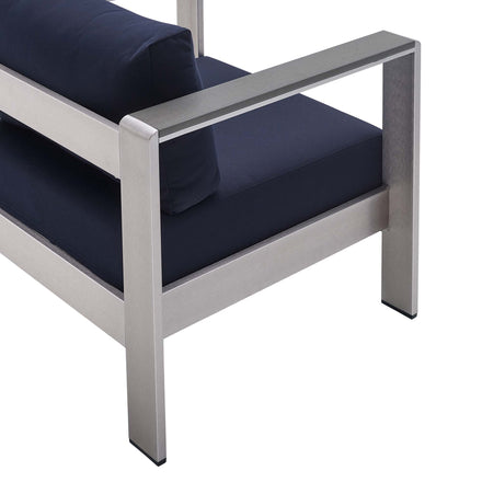Shore 4 Piece Sunbrella® Fabric Outdoor Patio Aluminum Set in Silver Navy
