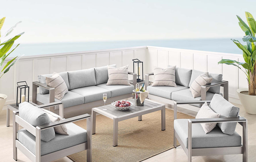 Marlow 7 Piece Sunbrella® Fabric Outdoor Patio Aluminum Set in Silver Gray