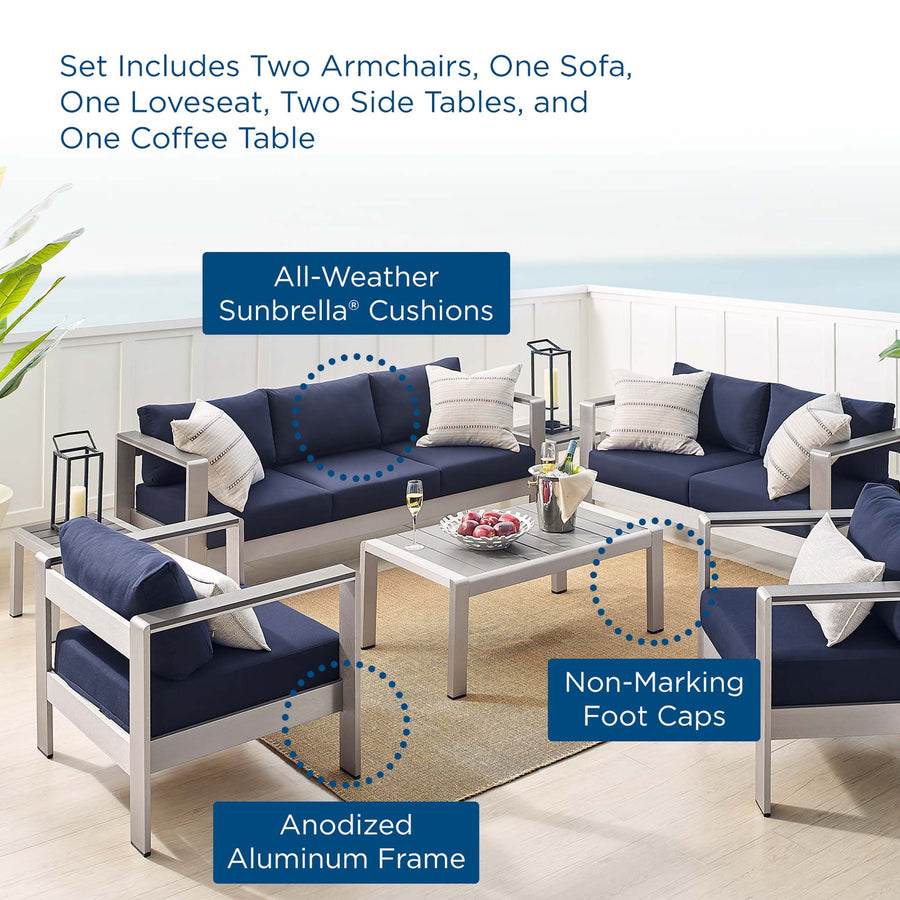 Marlow 7 Piece Sunbrella® Fabric Outdoor Patio Aluminum Set in Silver Navy