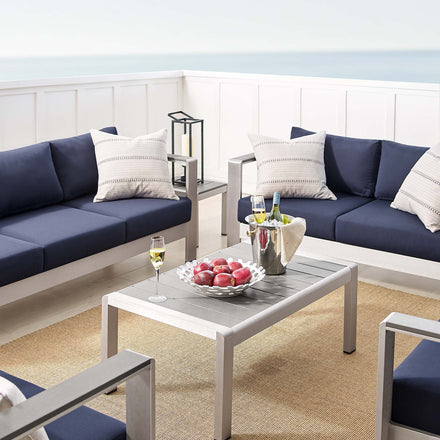 Shore 7 Piece Sunbrella® Fabric Outdoor Patio Aluminum Set in Silver Navy