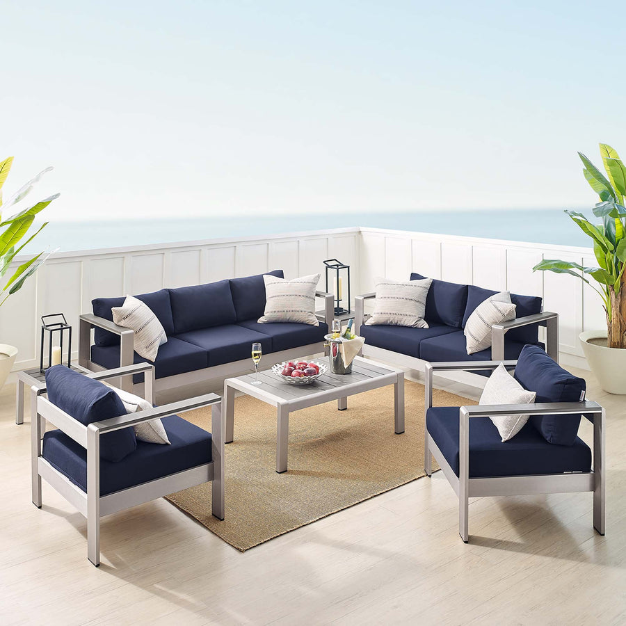 Marlow 7 Piece Sunbrella® Fabric Outdoor Patio Aluminum Set in Silver Navy