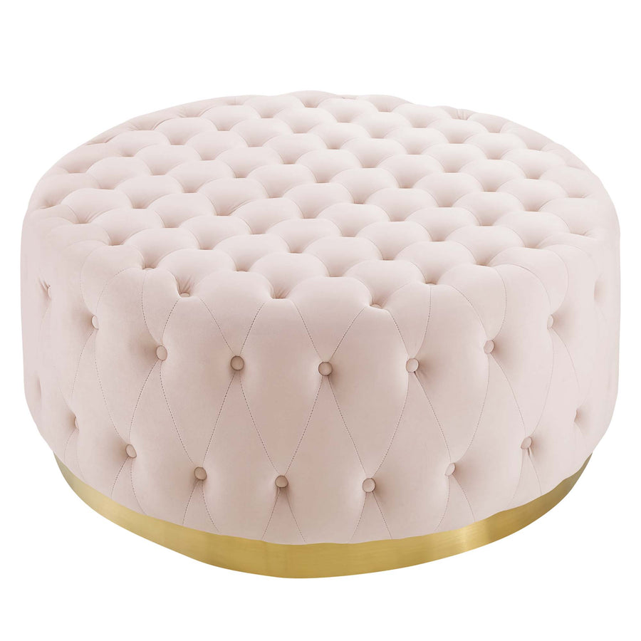 Rosalind Tufted Performance Velvet Round Ottoman in Pink