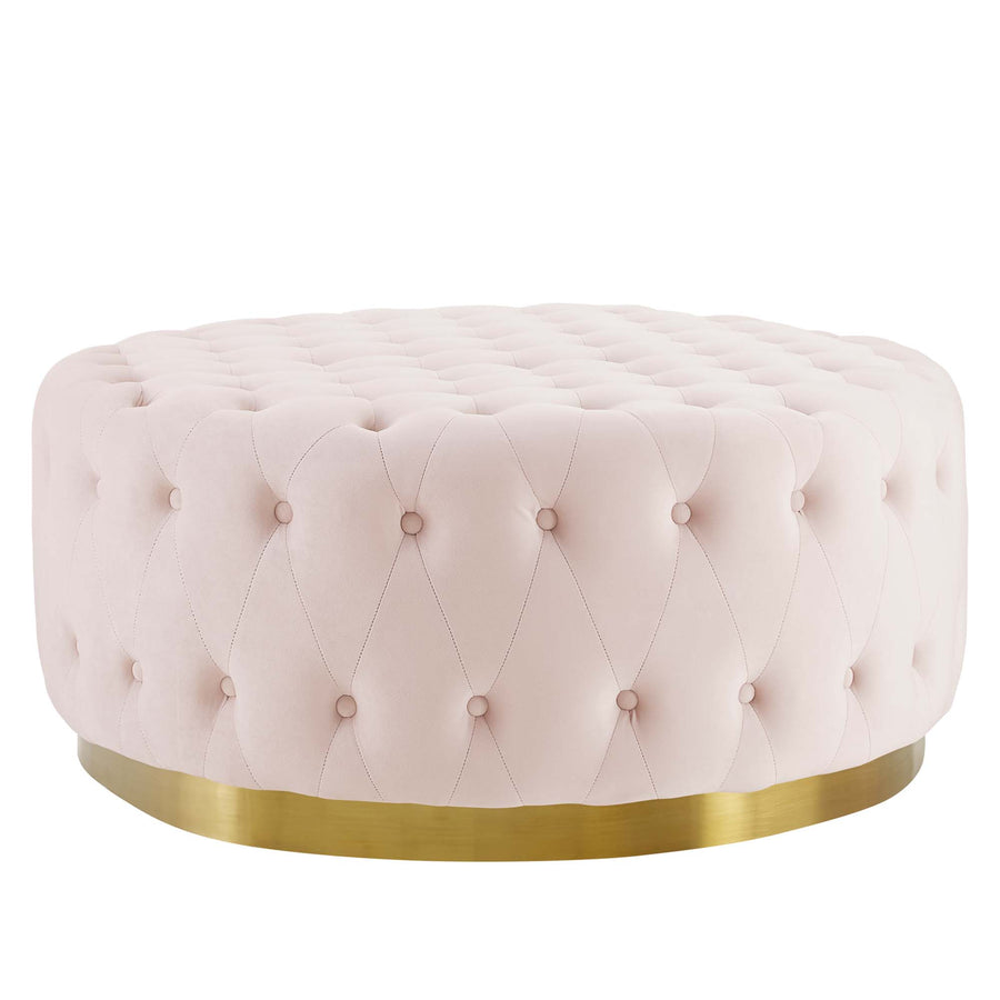 Rosalind Tufted Performance Velvet Round Ottoman in Pink