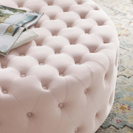 Ensconce Tufted Performance Velvet Round Ottoman in Pink