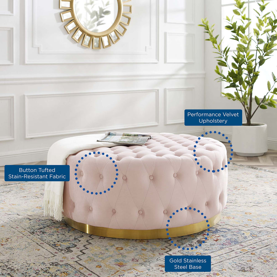 Rosalind Tufted Performance Velvet Round Ottoman in Pink