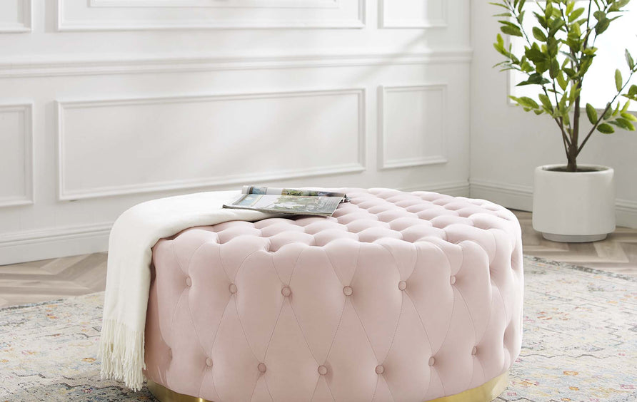Rosalind Tufted Performance Velvet Round Ottoman in Pink