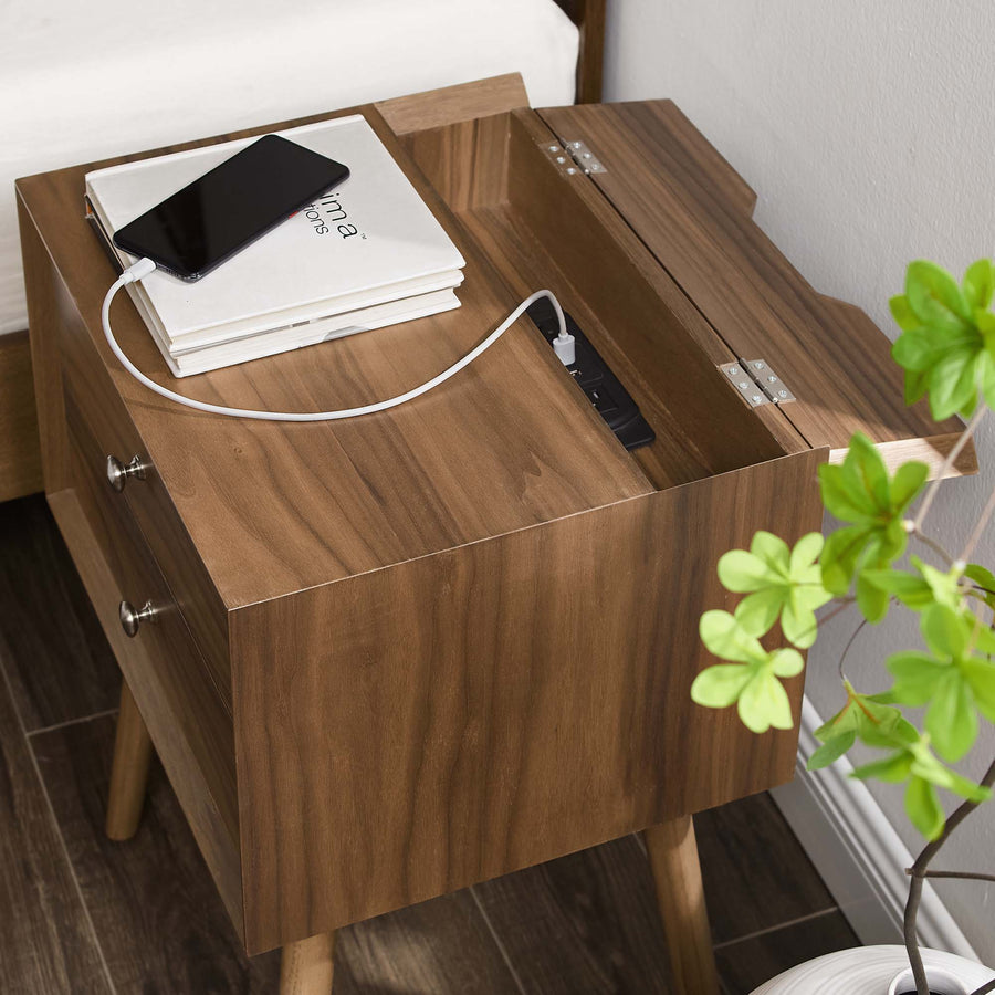Ottilie Wood Nightstand With USB Ports in Walnut Walnut
