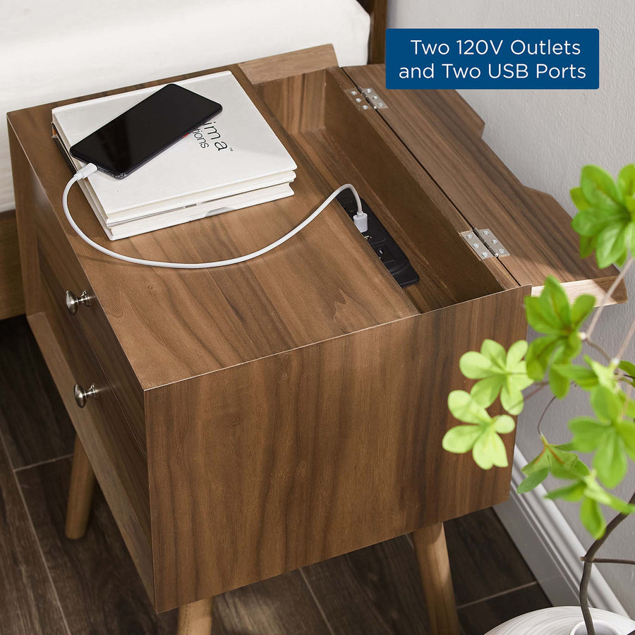 Ottilie Wood Nightstand With USB Ports in Walnut Walnut