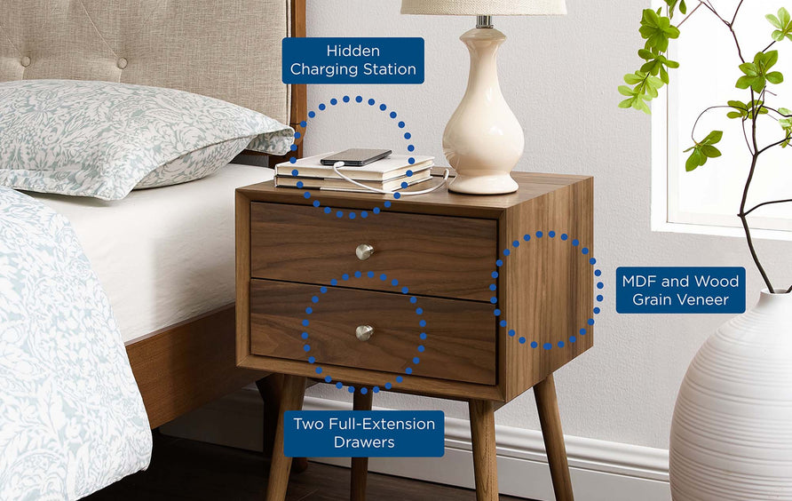 Ottilie Wood Nightstand With USB Ports in Walnut Walnut