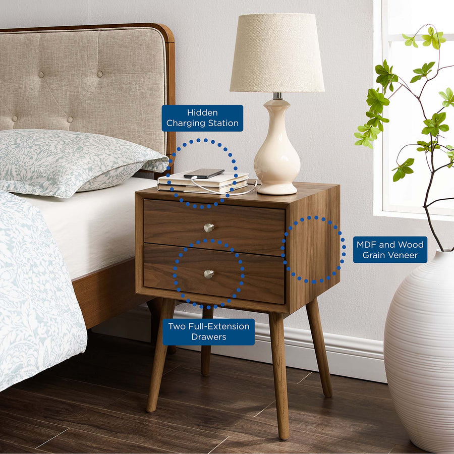 Ottilie Wood Nightstand With USB Ports in Walnut Walnut