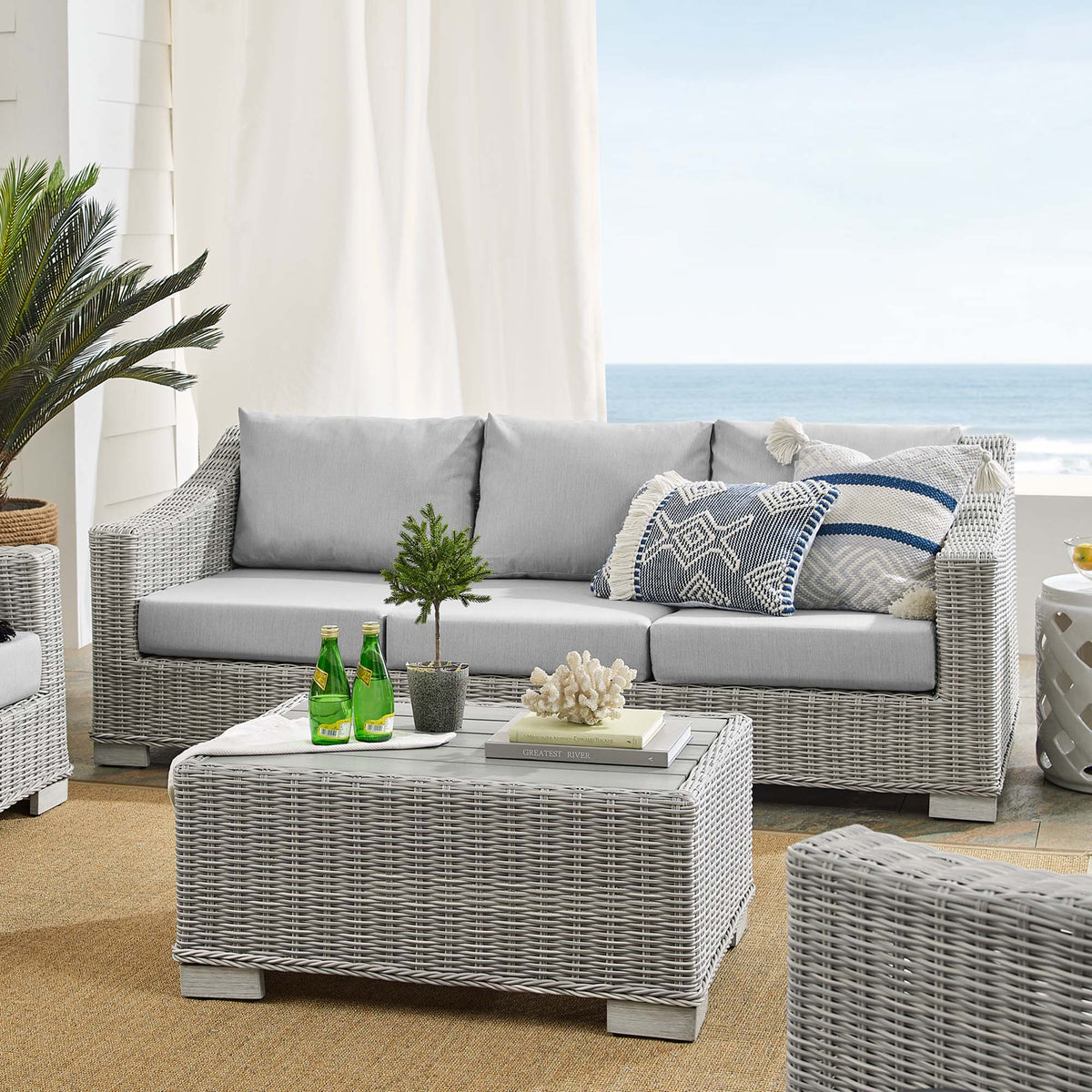 Conway 4-Piece Sunbrella® Outdoor Patio Wicker Rattan Furniture Set in Light Gray Gray