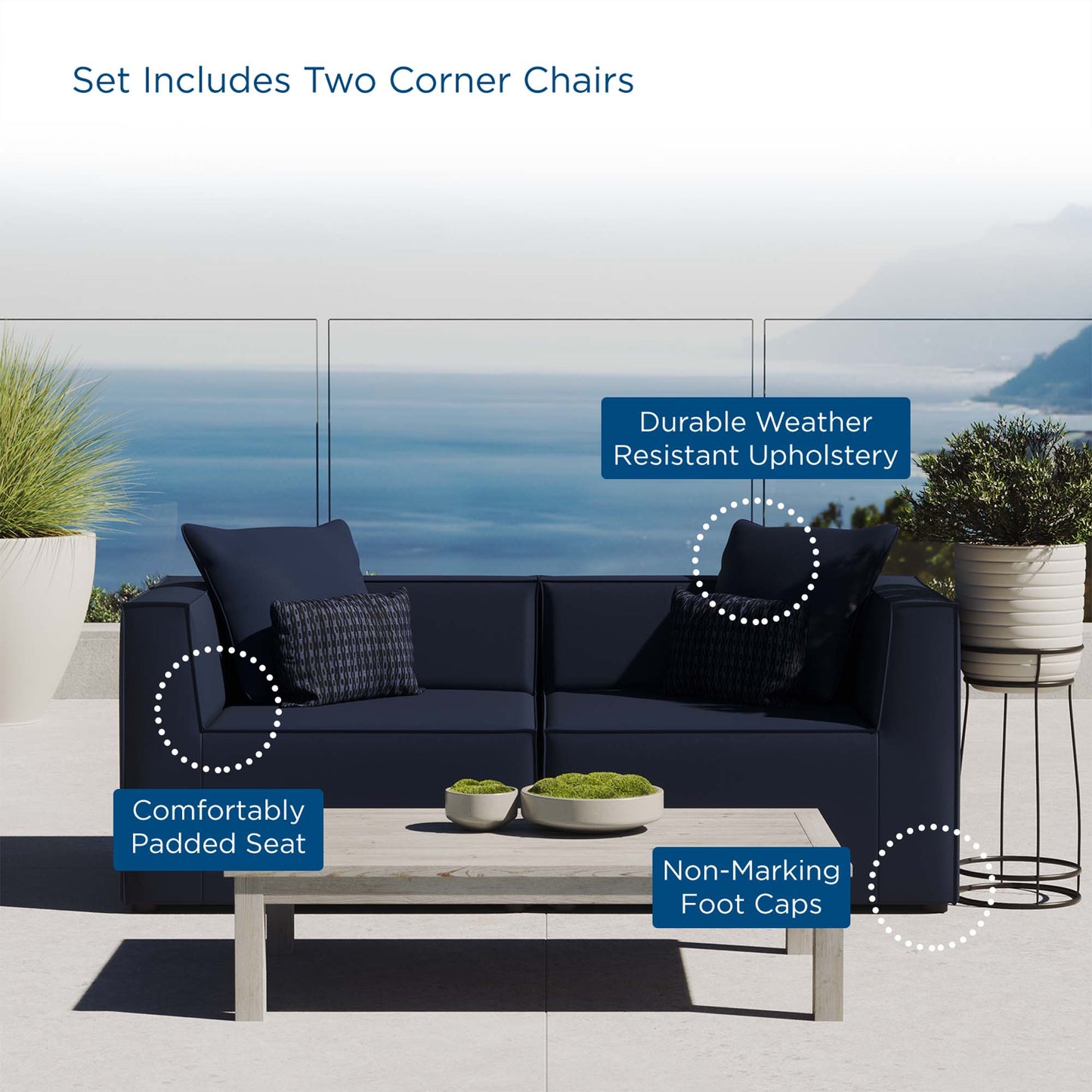 Heath 2-Piece Outdoor Patio Upholstered Sectional Sofa Loveseat in Navy