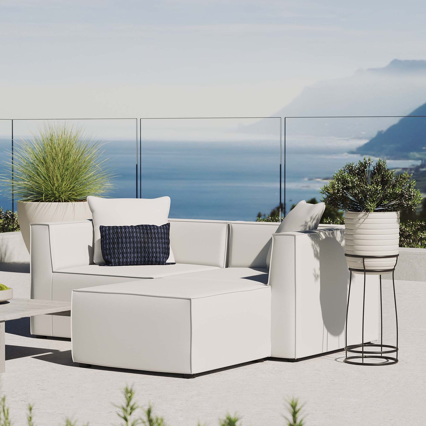 Heath Outdoor Patio Upholstered Loveseat and Ottoman Set in White