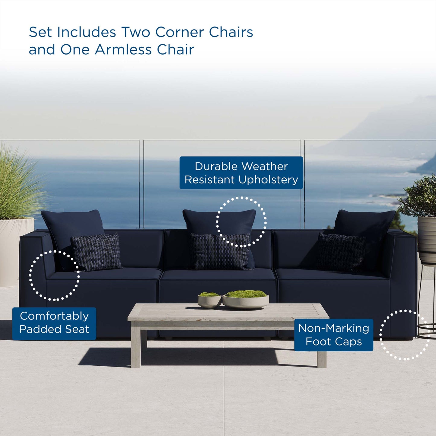 Saybrook 3-Piece Outdoor Patio Upholstered Sectional Sofa by Furniture For America