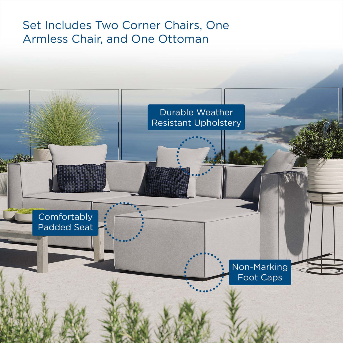 Saybrook 4-Piece Outdoor Patio Upholstered Sectional Sofa in Gray