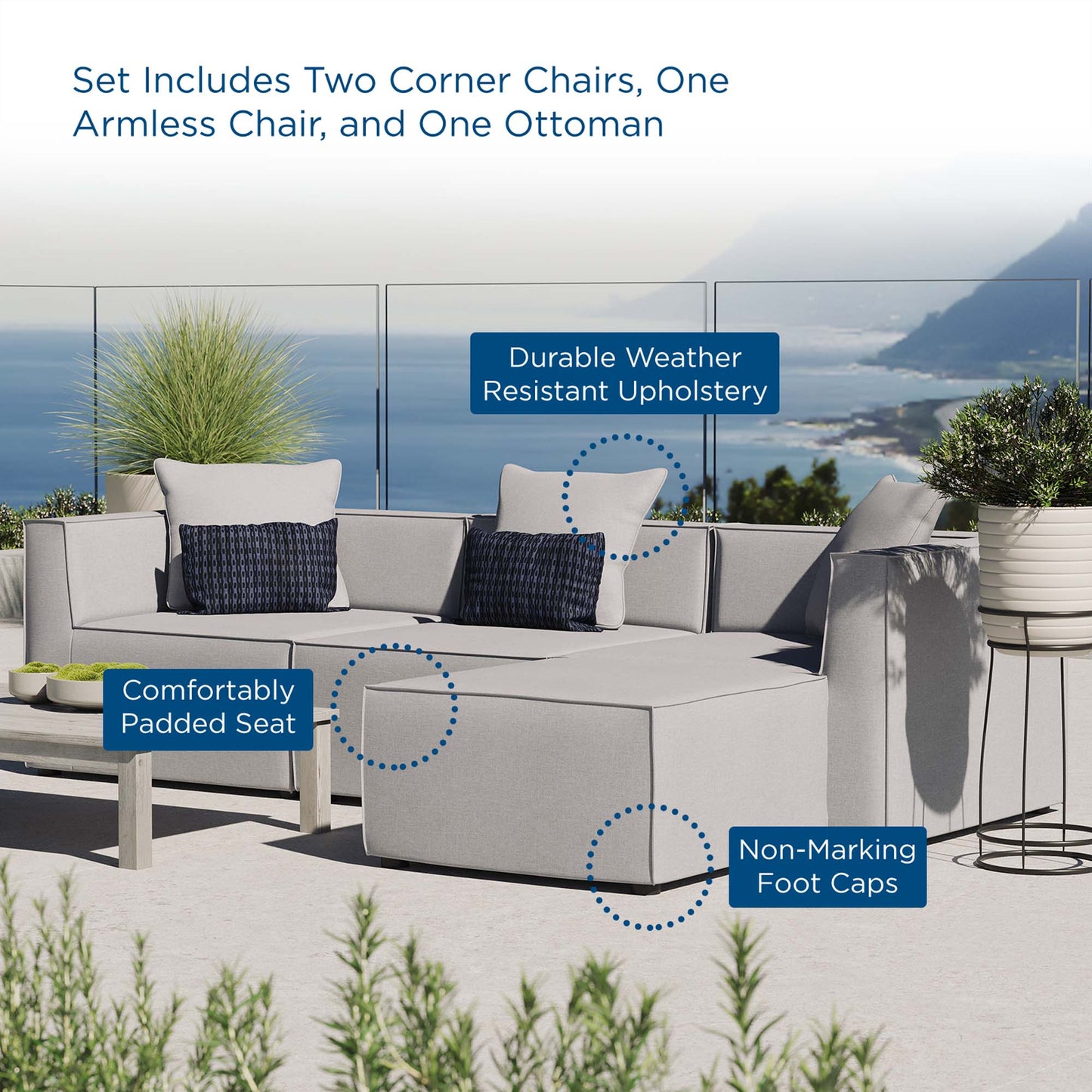 Saybrook 4-Piece Outdoor Patio Upholstered Sectional Sofa by Furniture For America