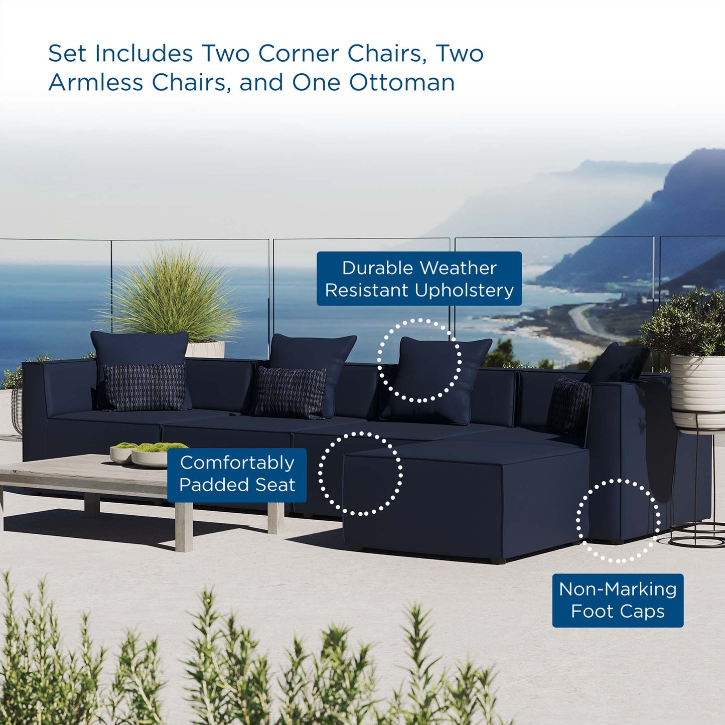 Saybrook 5-Piece Outdoor Patio Upholstered Sectional Sofa by Furniture For America