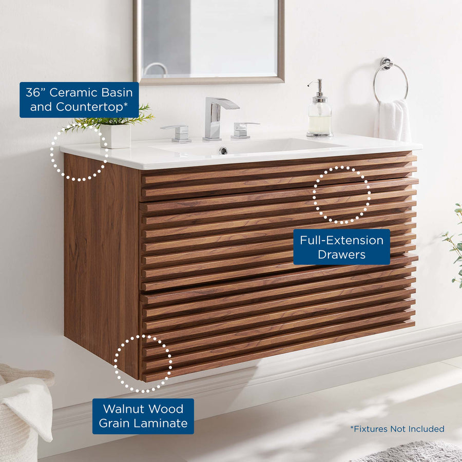 Vera 36" Wall-Mount Bathroom Vanity in Walnut White