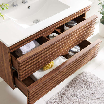Render 36" Wall-Mount Bathroom Vanity in Walnut White