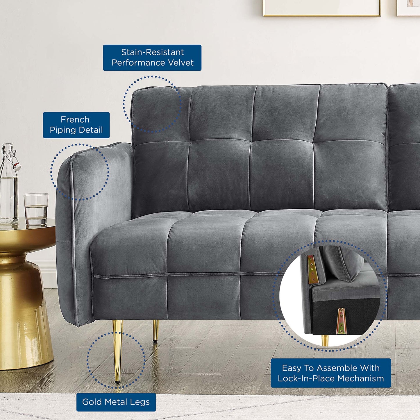 Cameron Tufted Performance Velvet Sofa by Furniture for America