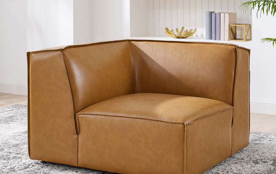 Atlas Vegan Leather Sectional Sofa Corner Chair in Tan