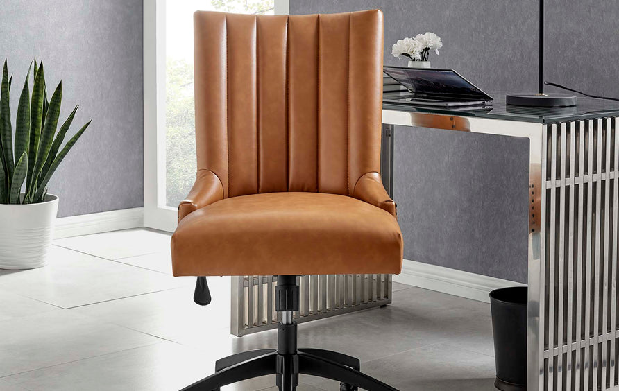 Pomona Channel Tufted Vegan Leather Office Chair in Black Tan