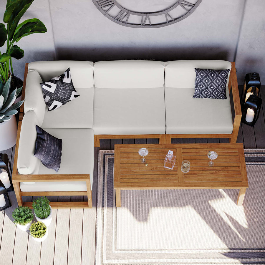 Cedar 5-Piece Outdoor Patio Teak Wood Sectional Sofa Set in Natural White