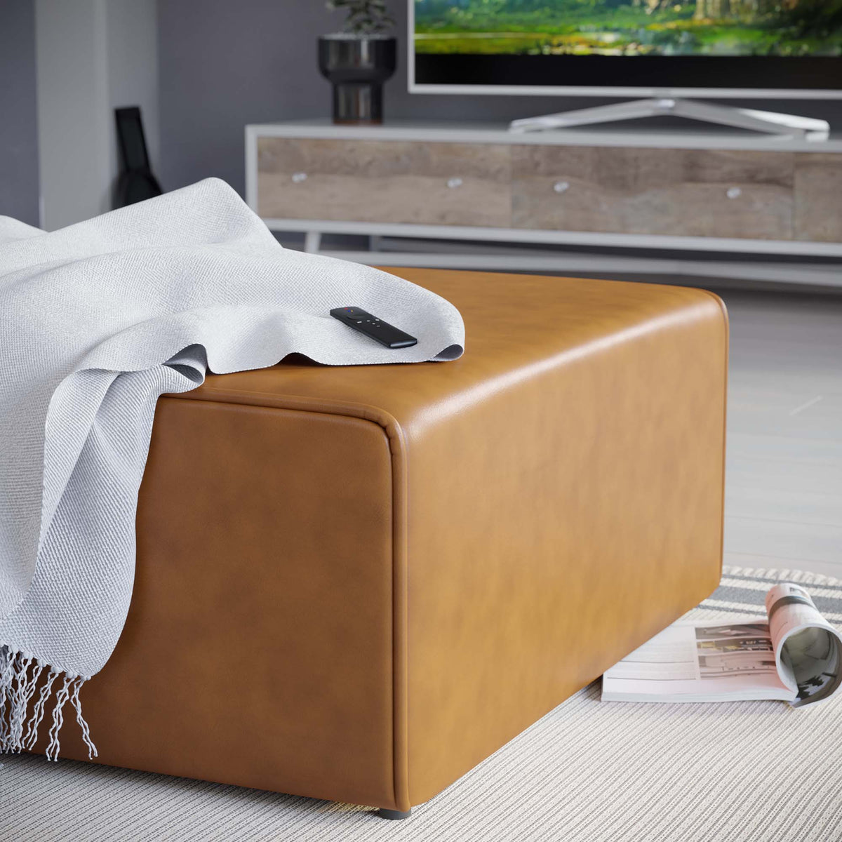 Mingle Vegan Leather Ottoman in Tan