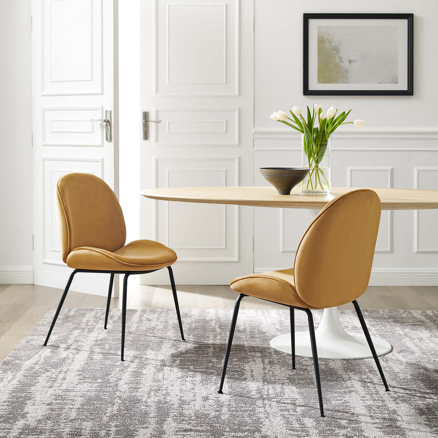 Syrah Black Powder Coated Steel Leg Performance Velvet Dining Chairs Set of 2 in Cognac