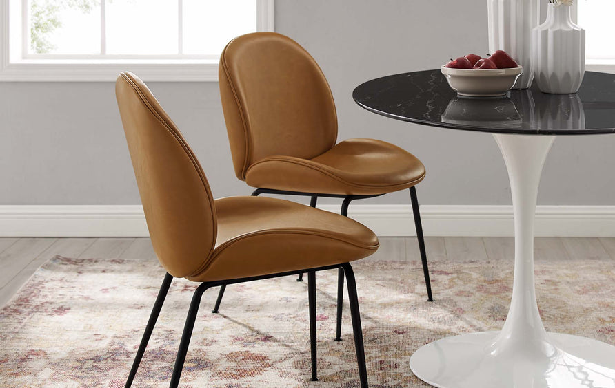 Syrah Black Powder Coated Steel Leg Vegan Leather Dining Chairs Set of 2 in Tan