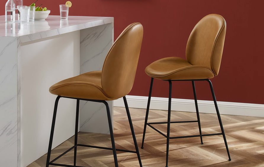 Syrah Black Powder Coated Steel Leg Vegan Leather Counter Stool in Tan