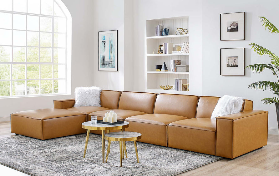 Atlas 5-Piece Vegan Leather Sectional Sofa in Tan