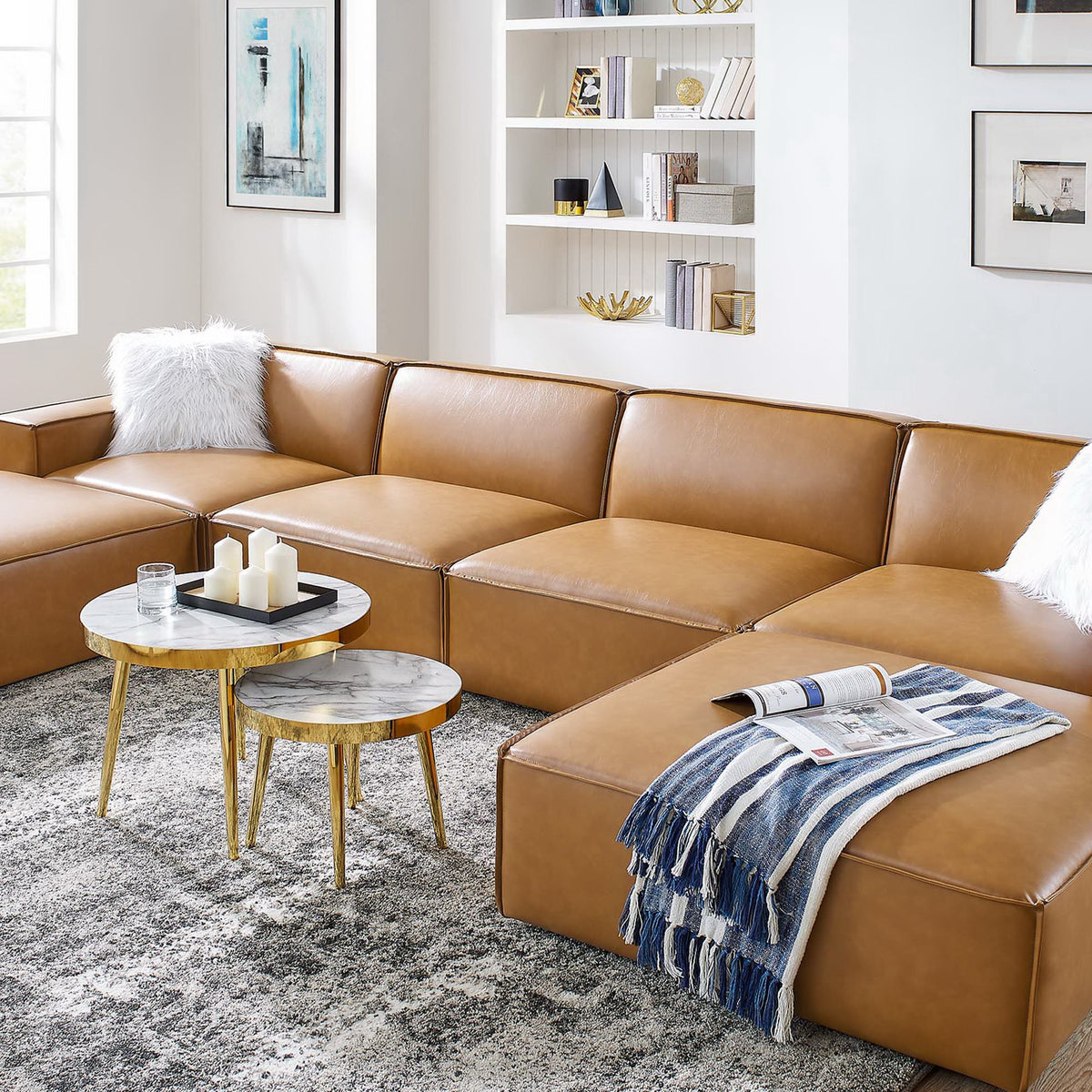 Restore 6-Piece Vegan Leather Sectional Sofa in Tan