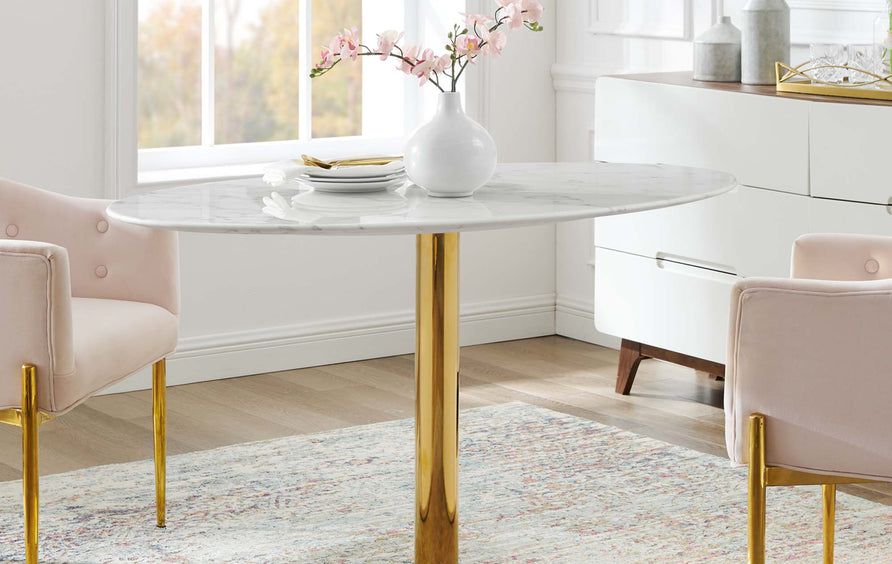 Theo 48" Oval Artificial Marble Dining Table in Gold White