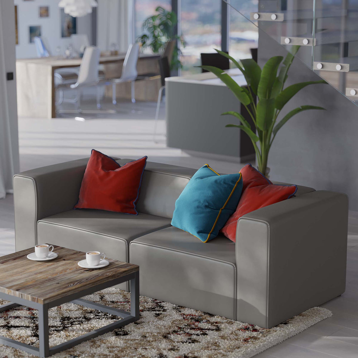 Mingle 2-Piece Vegan Leather Sectional Sofa Loveseat in Gray