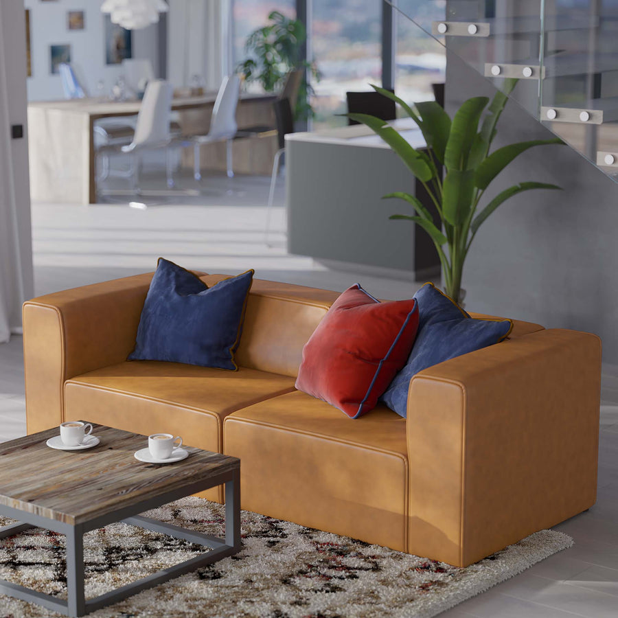 Pike 2-Piece Vegan Leather Sectional Sofa Loveseat in Tan
