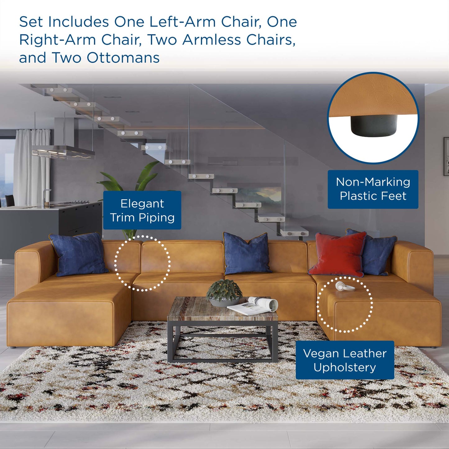 Mingle 4-Piece Vegan Leather Sofa and 2 Ottomans Set by Furniture For America