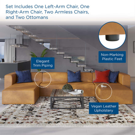 Mingle 4-Piece Vegan Leather Sofa and 2 Ottomans Set in Tan