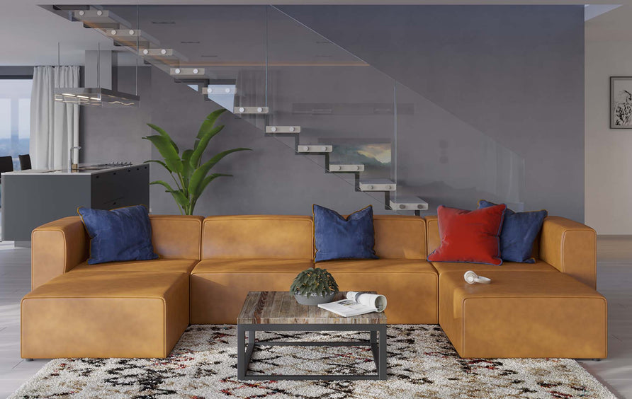 Pike 4-Piece Vegan Leather Sofa and 2 Ottomans Set in Tan