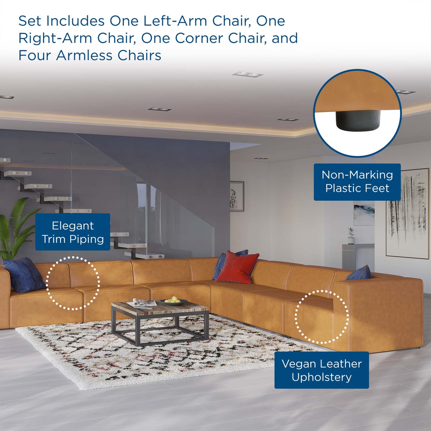 Pike 7-Piece Vegan Leather Sectional Sofa in Tan