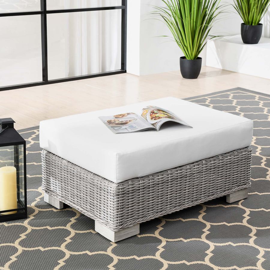 Harlow Outdoor Patio Wicker Rattan Ottoman in Light Gray White