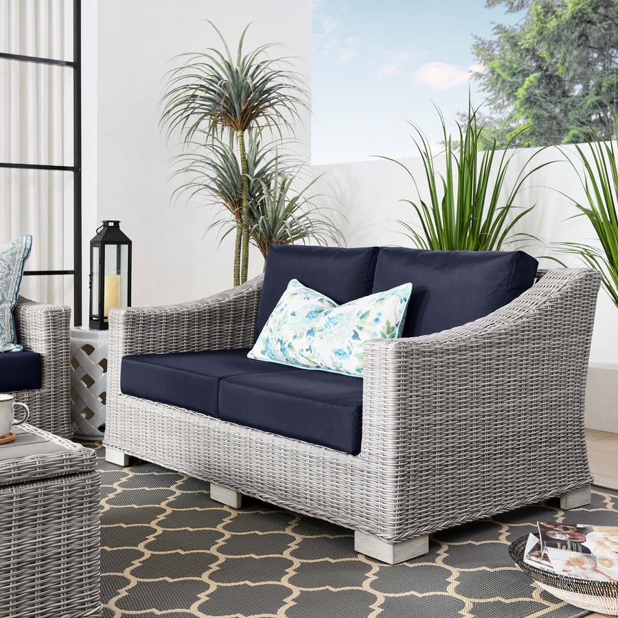 Harlow Outdoor Patio Wicker Rattan Loveseat in Light Gray Navy