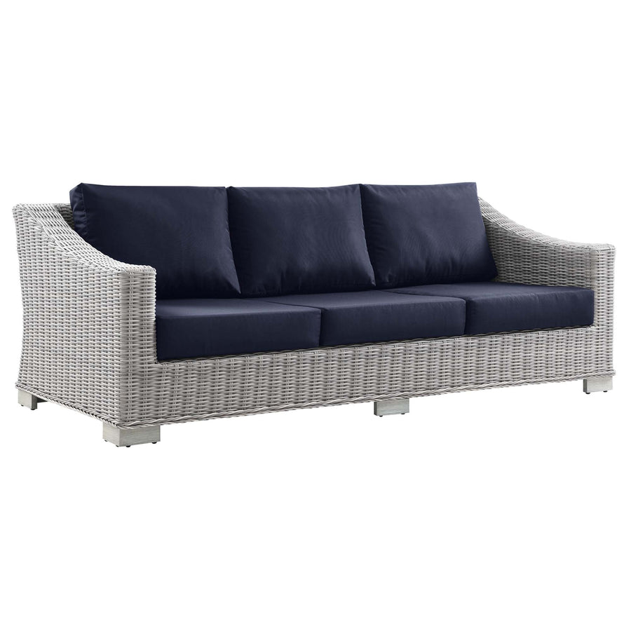 Harlow Outdoor Patio Wicker Rattan Sofa in Light Gray Navy