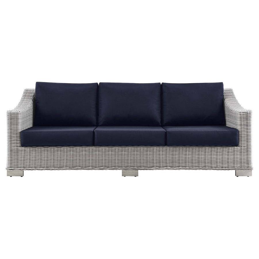 Harlow Outdoor Patio Wicker Rattan Sofa in Light Gray Navy