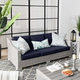 Harlow Outdoor Patio Wicker Rattan Sofa in Light Gray Navy