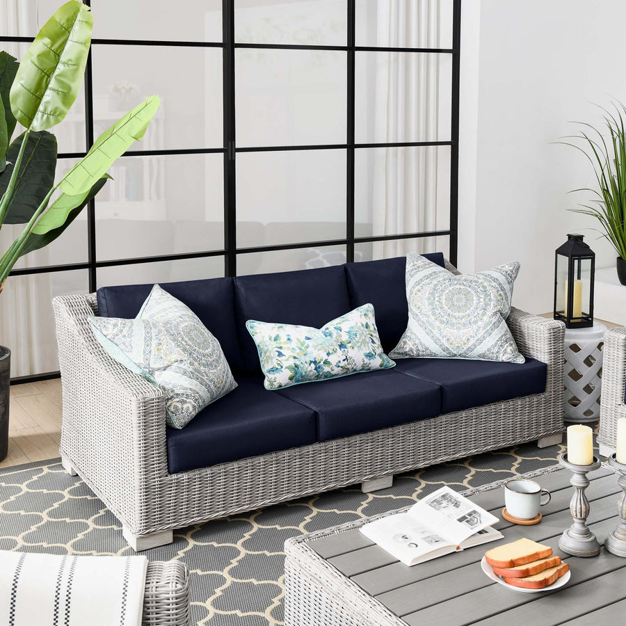 Harlow Outdoor Patio Wicker Rattan Sofa in Light Gray Navy