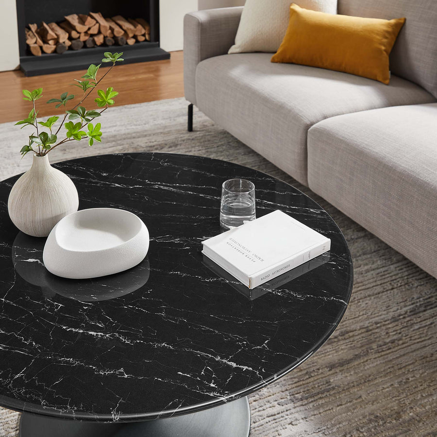 Lumen 36" Round Faux Marble Coffee Table in Black Black
