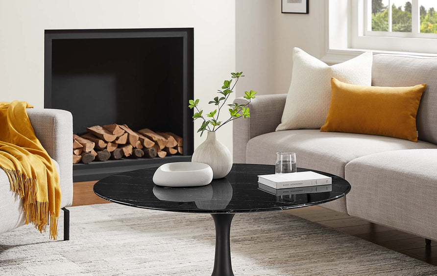 Lumen 36" Round Faux Marble Coffee Table in Black Black
